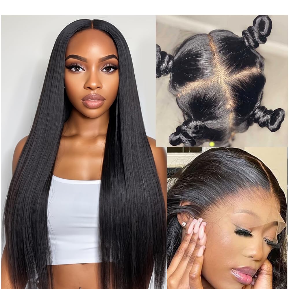 Straight Full Lace Wigs Human Hair Real Full Lace Wigs Human Hair HD Transparent Lace Human Hair Wigs 150 Density 12A Pre Plucked Knots Part Anywhere Breathable Full Lace Wig for Black Women 12 Inch