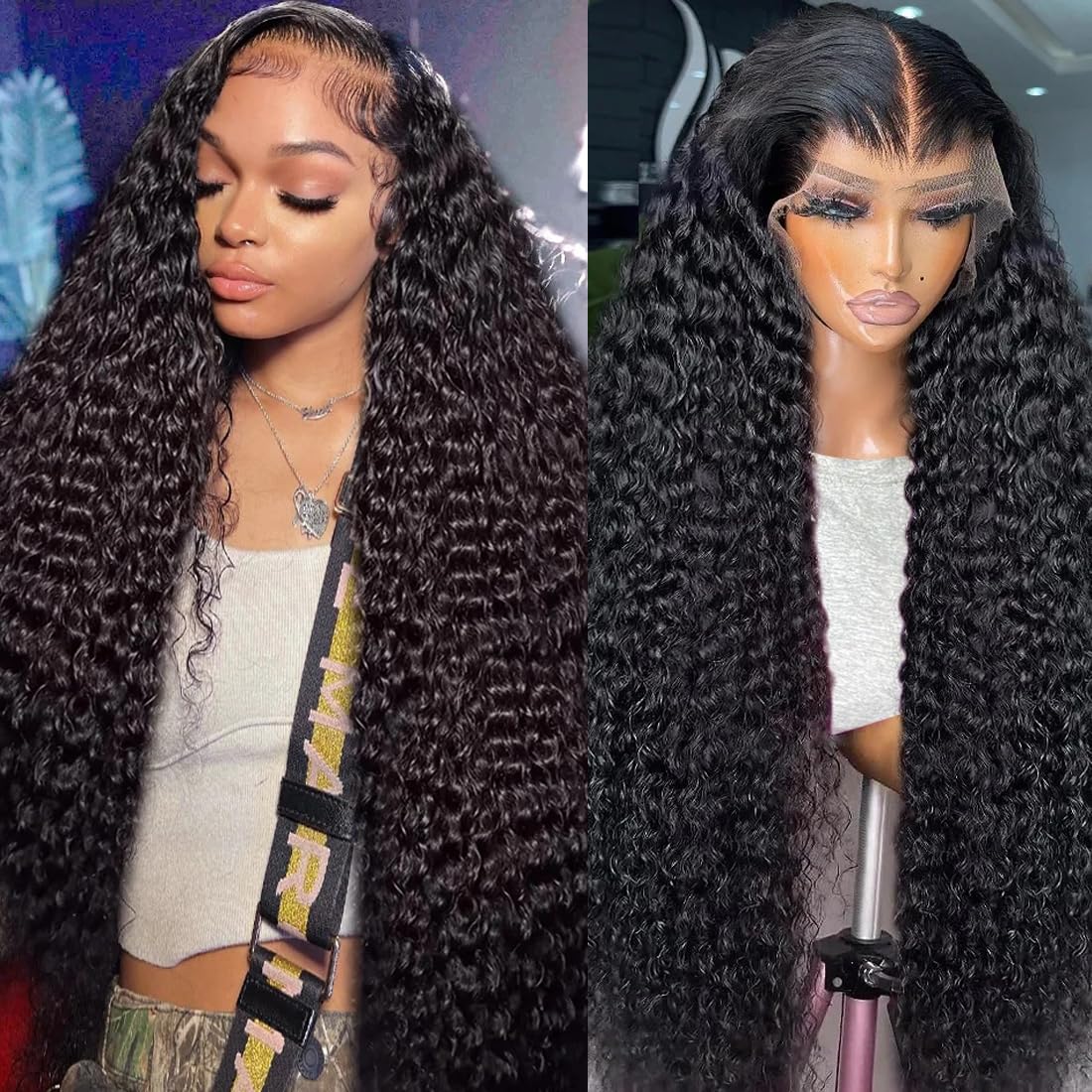Zhengshuo Deep Wave Lace Front Wigs Human Hair 180% Density 13x4 Curly Lace Front Wig Human Hair Wigs for Black Women 13x4 HD Lace Frontal Glueless Wigs Human Hair Pre Plucked Natural Color(34 Inch)