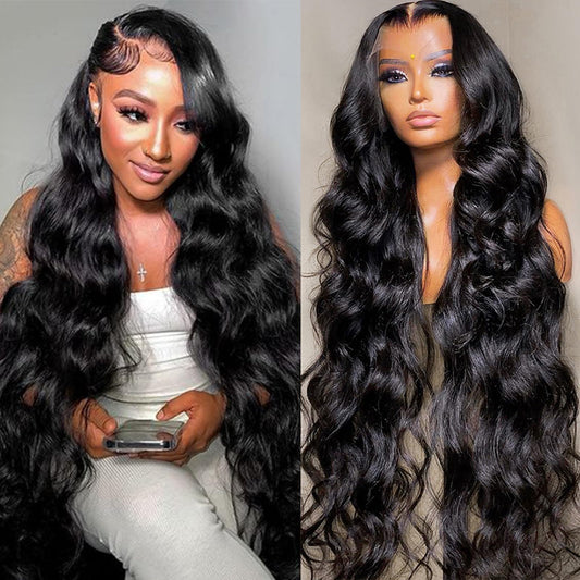 Lemoda 13x4 Full Lace Frontal Wig Body Wave Lace Front Wigs Human Hair HD Transparent Lace Wig Pre Plucked 14A Brazilian Virgin Human Hair Wigs for Women 24 Inch