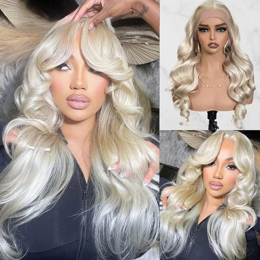 Mscathy Platinum Blonde Lace Front Wigs Human Hair #60 Body Wave 13X4 Human Hair Wig HD Lace Front Breathable Hair Pre Plucked HD Transparent 180% Density for Women (20 INCH Platinum Blonde)
