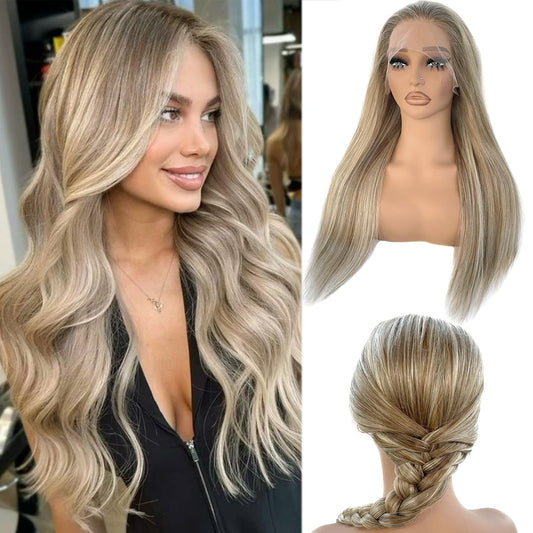Blonde Highlights Lace Front Wig Human Hair Wig for White Women 13x4 HD Lace Frontal Wig Pre Plucked with Baby Hair Straight 18 Inch Strawberry Blonde to Platinum Blonde Human Hair Wigs 180% Density