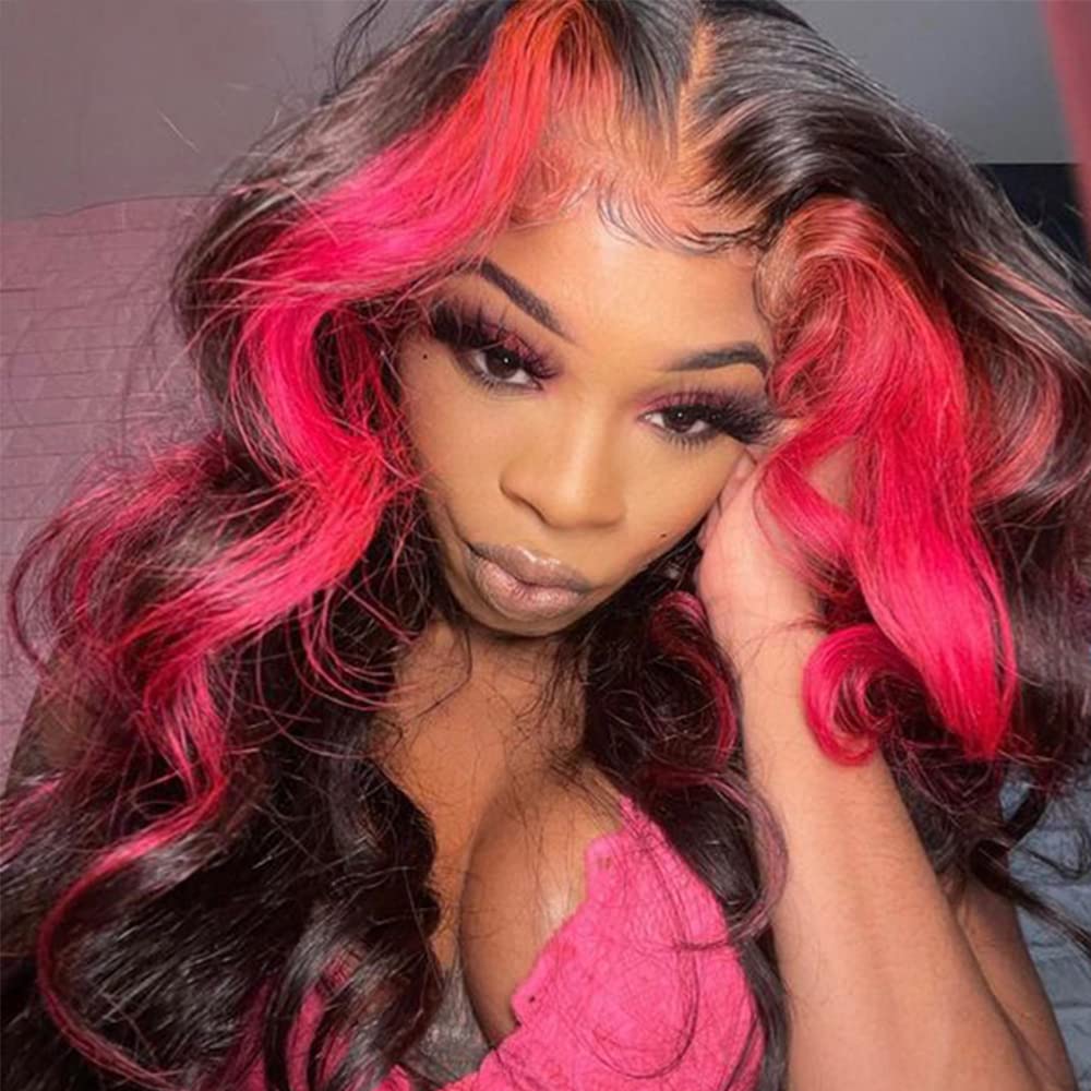 Skunk Stripe Wave Wig Ombre Lace Frontal Wig Human Hair Wigs 13X4 Pink Red Human Hair Lace Frontal Wigs for Black Women Pre Plucked 150% Density HD Transparent Lace Front Wigs Human Hair 18 Inch