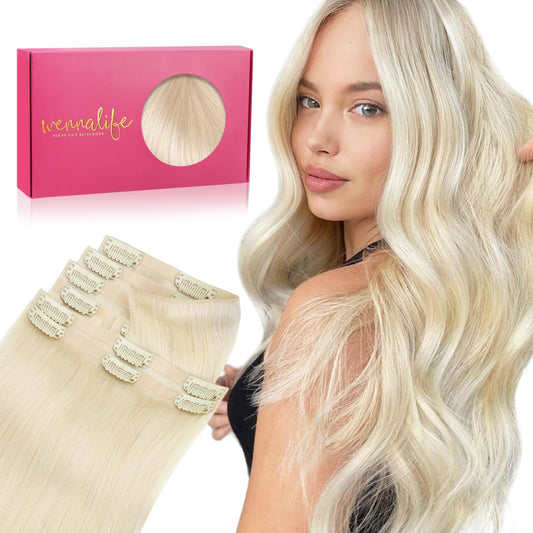 WENNALIFE Invisi Edge Clip in Hair Extensions Real Human Hair 20 Inch 150g 7pcs Platinum Blonde Seamless Clip in Extensions Remy Hair Clip Ins Invisible PU Skin Weft Extensiones De Cabello Hmano