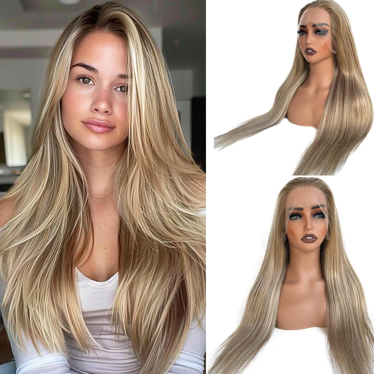 Valiilo Highlight Ash Blonde Wig Human Hair Ombre Blonde Lace Front Wigs for White Women 13x4 Glueless Lace Wig Dark Roots Ash Brown to Blonde with Platinum Blonde Highlights Human Hair Wig 22 Inch